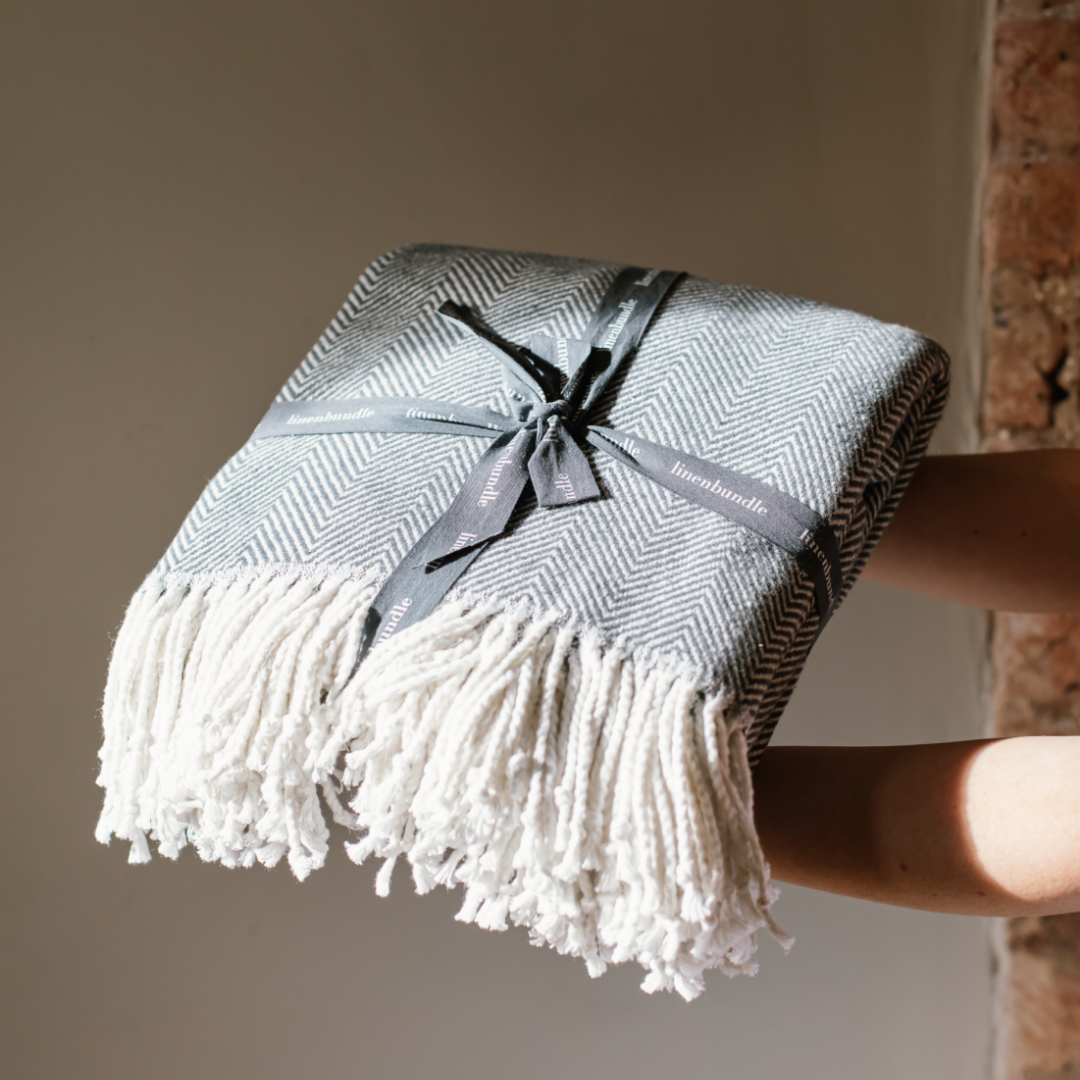 Cotton Herringbone Throw | Graphite | Linenbundle UK